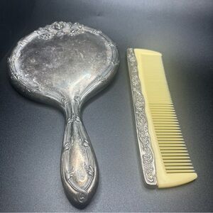 Vintage Vanity Mirror & Comb Set Art Nouveau Style Silver Tone